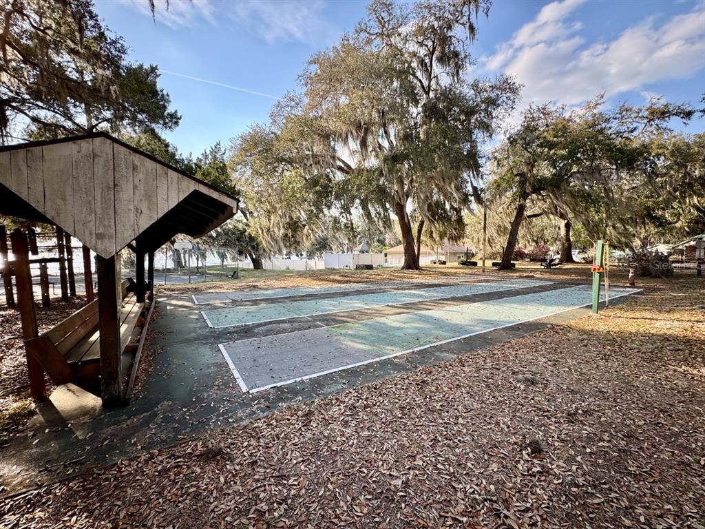 An outdoor shuffleboard court sits under large trees next to a covered wooden bench area — 25232 NE 143RD STREET UNIT 178, SALT SPRINGS, FL