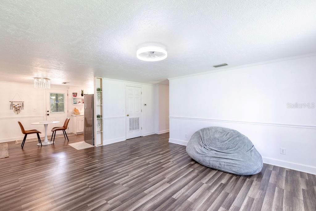 A living room with wood-look flooring, white walls, a beanbag chair, and an adjacent kitchen — 369 NE DIANA TERRACE, LAKE CITY, FL