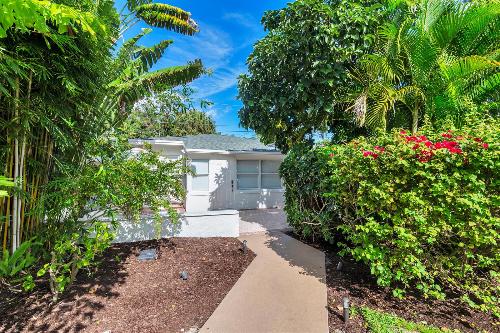 A white house with a paved walkway, surrounded by lush tropical landscaping and flowering bushes — 439 28th Street, West Palm Beach FL 33407, WEST PALM BEACH, FL