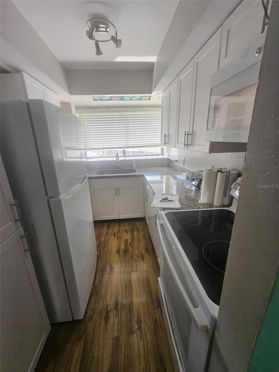 A galley-style kitchen features white cabinets, granite countertops, stainless steel appliances, and wood-look flooring — 1500 SUNSET ROAD UNIT A6, TARPON SPRINGS, FL