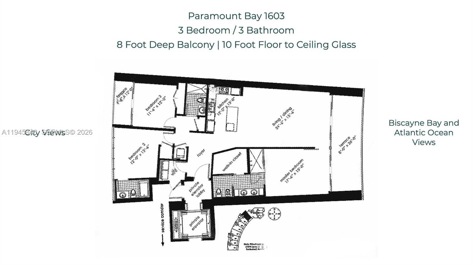 This floor plan shows a three-bedroom, three-bathroom apartment layout with two private terraces — 2020 N Bayshore Dr # 1603, Miami FL 33137, MIAMI, FL