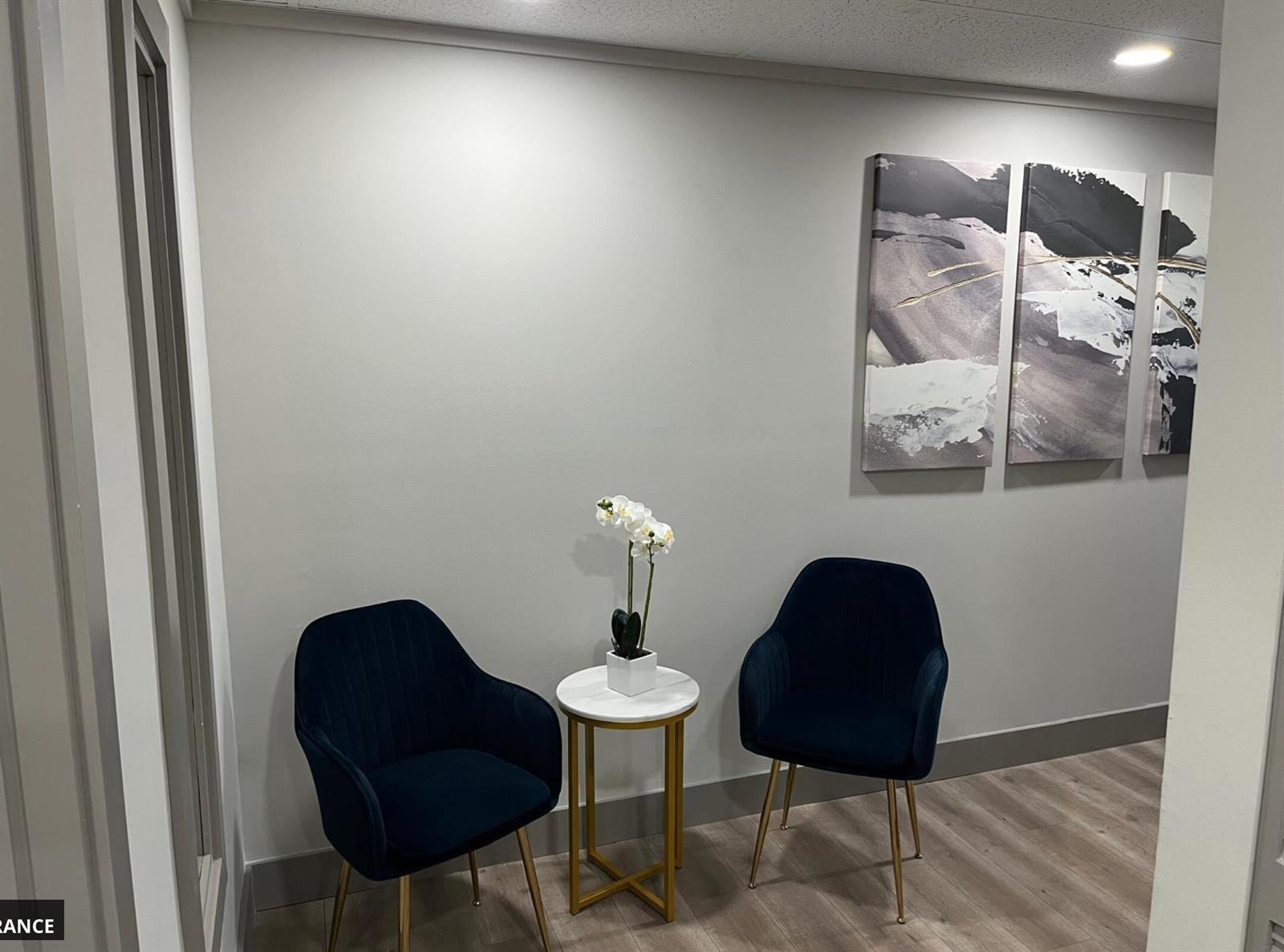 A small seating area features two navy blue velvet chairs flanking a marble-topped side table — 828 SE 8th Avenue, Deerfield Beach FL 33441, DEERFIELD BEACH, FL