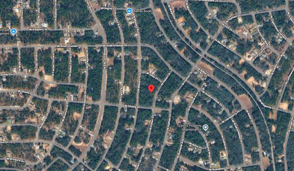 This is a satellite map view of a residential neighborhood with a red location pin — 10830 N HATARI DRIVE, CITRUS SPRINGS, FL