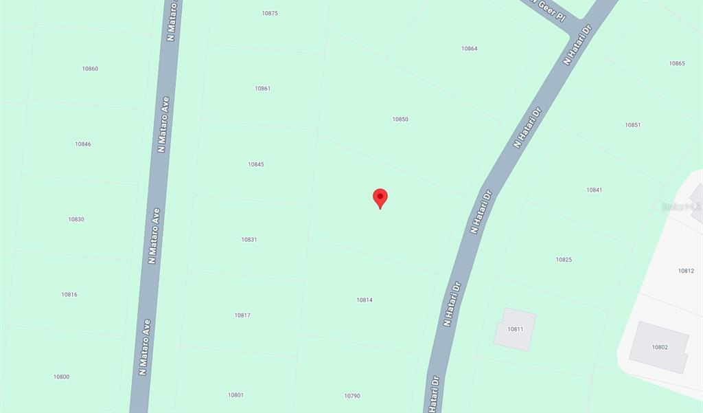 This is a map showing a red location pin between N Mataro Ave and N Hatari Dr — 10830 N HATARI DRIVE, CITRUS SPRINGS, FL