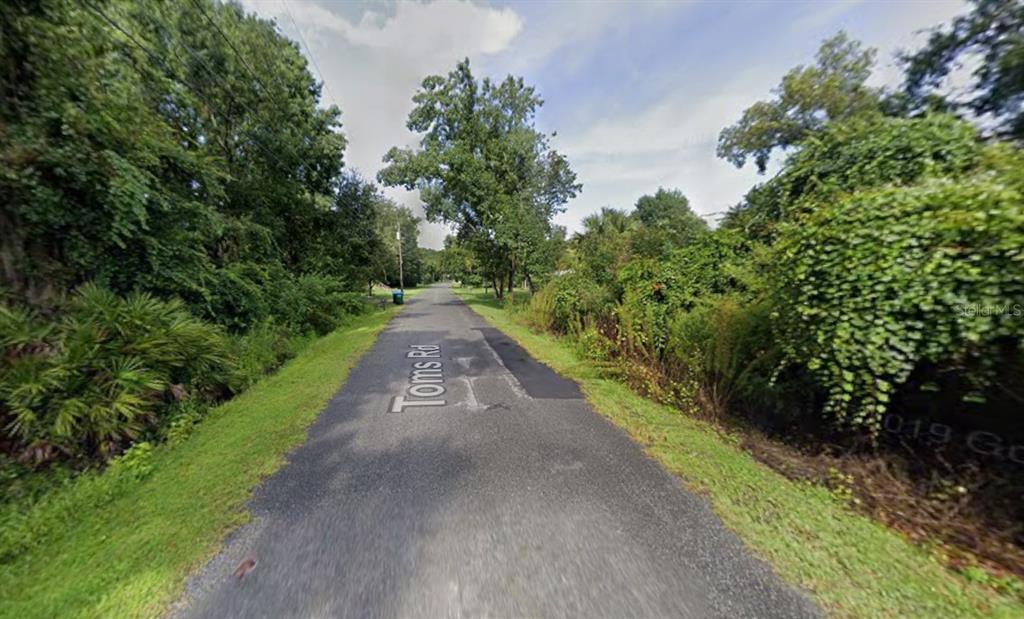 A narrow paved road stretches forward through a dense, tree-lined rural landscape — 242 TOMS ROAD, DEBARY, FL