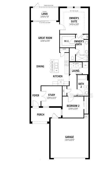 This is a floor plan for a single-story home featuring two bedrooms, a study, and a garage — 11910 MANDALA COURT, VENICE, FL