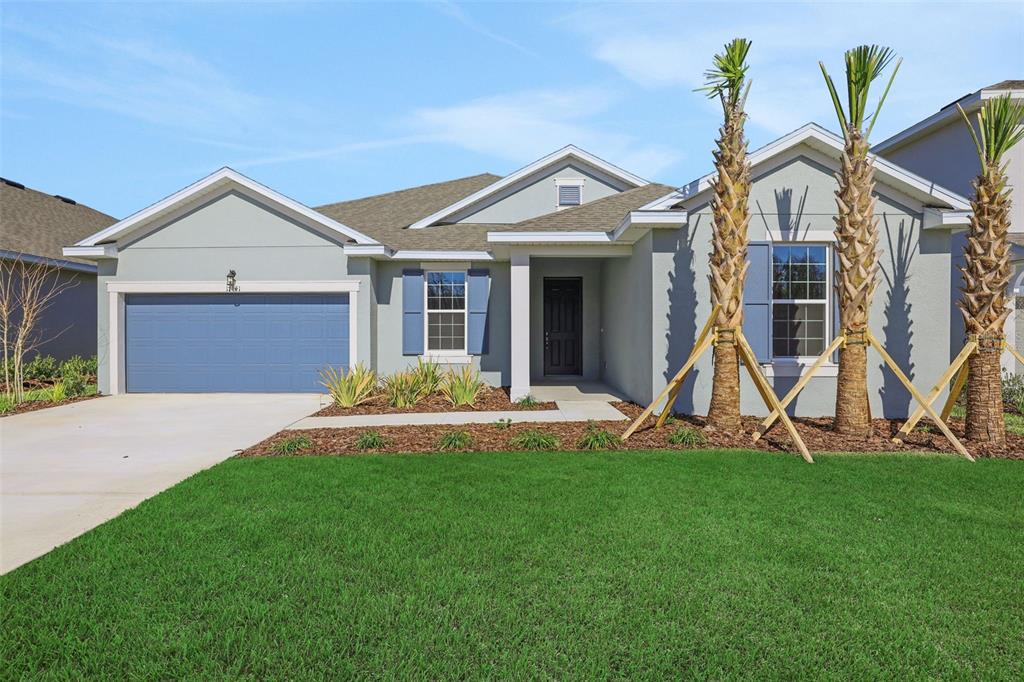 A light green house exterior features a dark blue front door, garage, and window shutters — 17441 VALLEYWOOD PARKWAY, LAND O LAKES, FL
