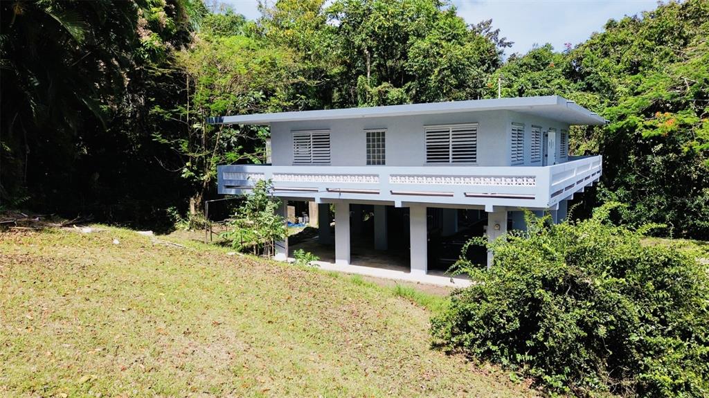 A light blue, elevated house with a wraparound balcony stands on a grassy, wooded lot — Bo Ciénega Alta SECTOR LA RUEDA CARR#959 UNIT Solar -A, RIO GRANDE, PR