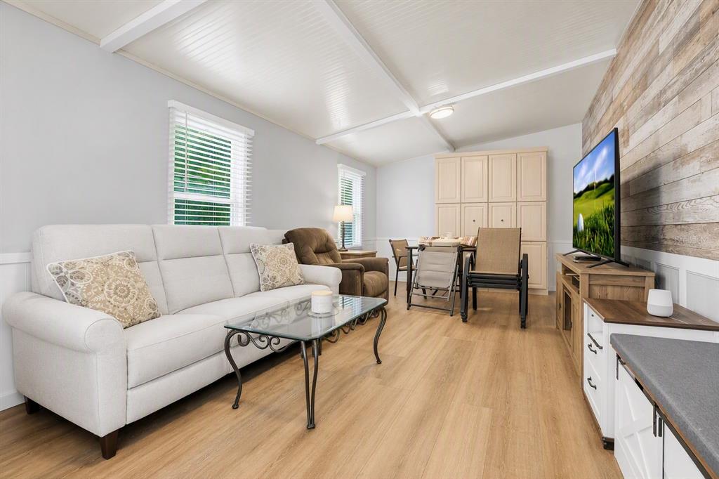 A living room features a white sofa, glass coffee table, wood-plank wall, and television — 10933 BROWN PELICAN CIRCLE, ESTERO, FL