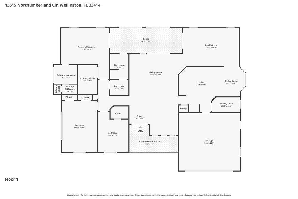 This is a floor plan for a single-story house with a garage and lanai — WELLINGTON, FL