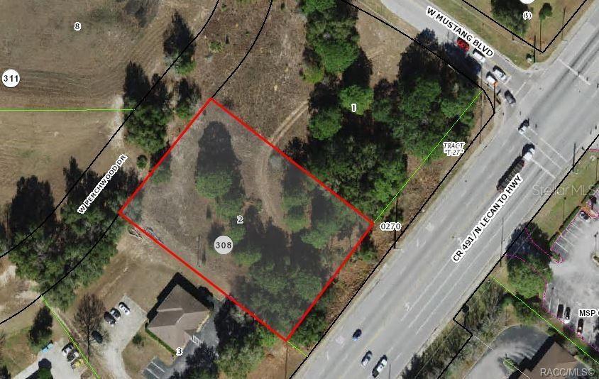 This is an aerial map showing a vacant, rectangular lot outlined in red — 2314 W PERCHWOOD DRIVE, BEVERLY HILLS, FL