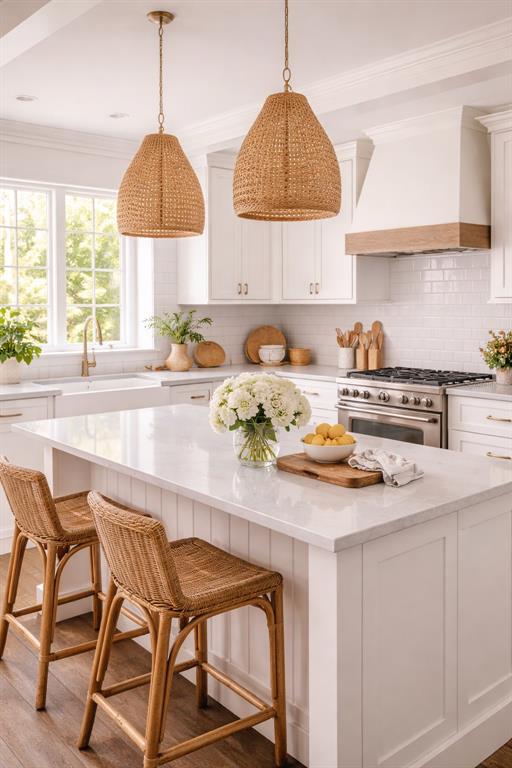 A modern kitchen features white cabinetry, stainless steel appliances, and a large white quartz island — 2317 GROVE STREET, SARASOTA, FL