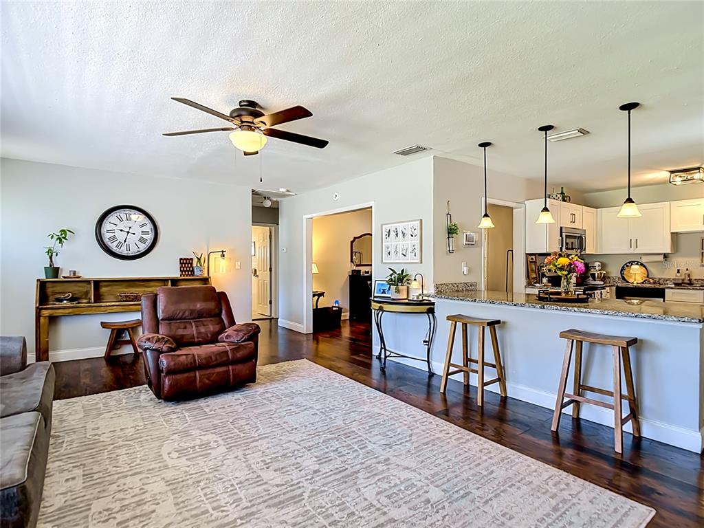 A living room with a leather recliner, area rug, and an open kitchen with bar seating — 135 CONNIE AVENUE, TAMPA, FL