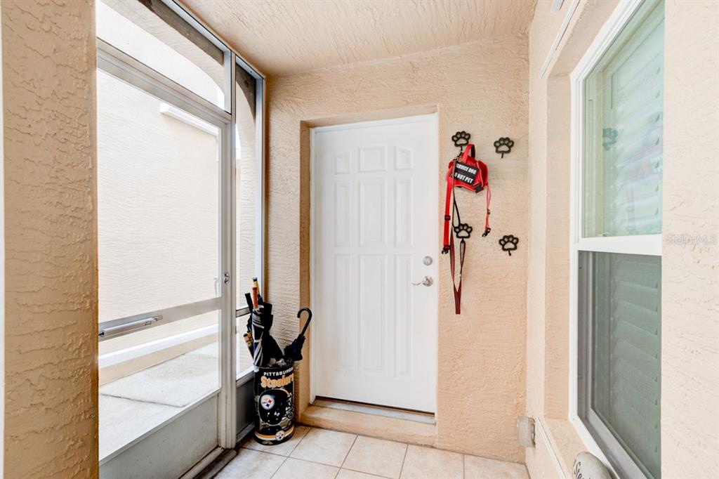 A covered entryway features a white door, tiled floor, screen door, and a Steelers umbrella stand — 2246 HAWKS COVE CIRCLE, NEW SMYRNA BEACH, FL