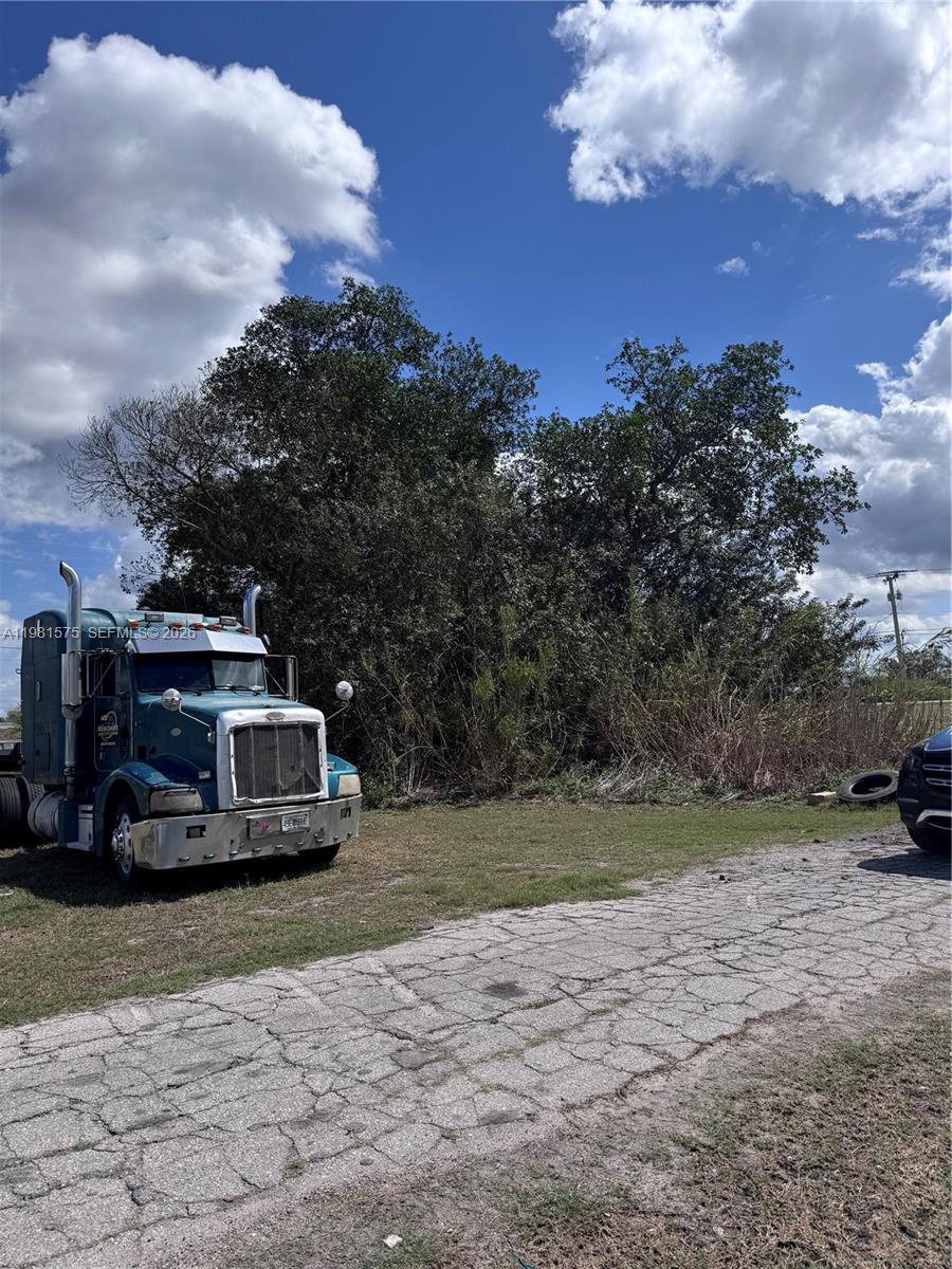 A teal semi-truck is parked on a dirt lot next to overgrown trees and brush — 636 S Lake Ave., Pahokee FL 33476, PAHOKEE, FL