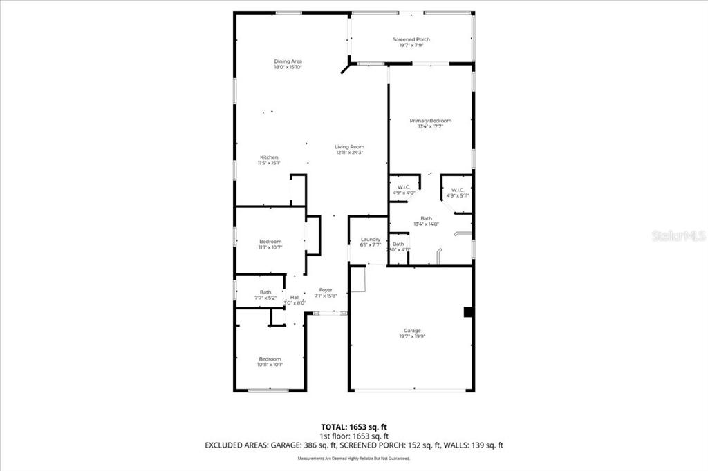 This is a floor plan for a single-story home featuring three bedrooms and a garage — 6845 SHIMMERING DRIVE, LAKELAND, FL