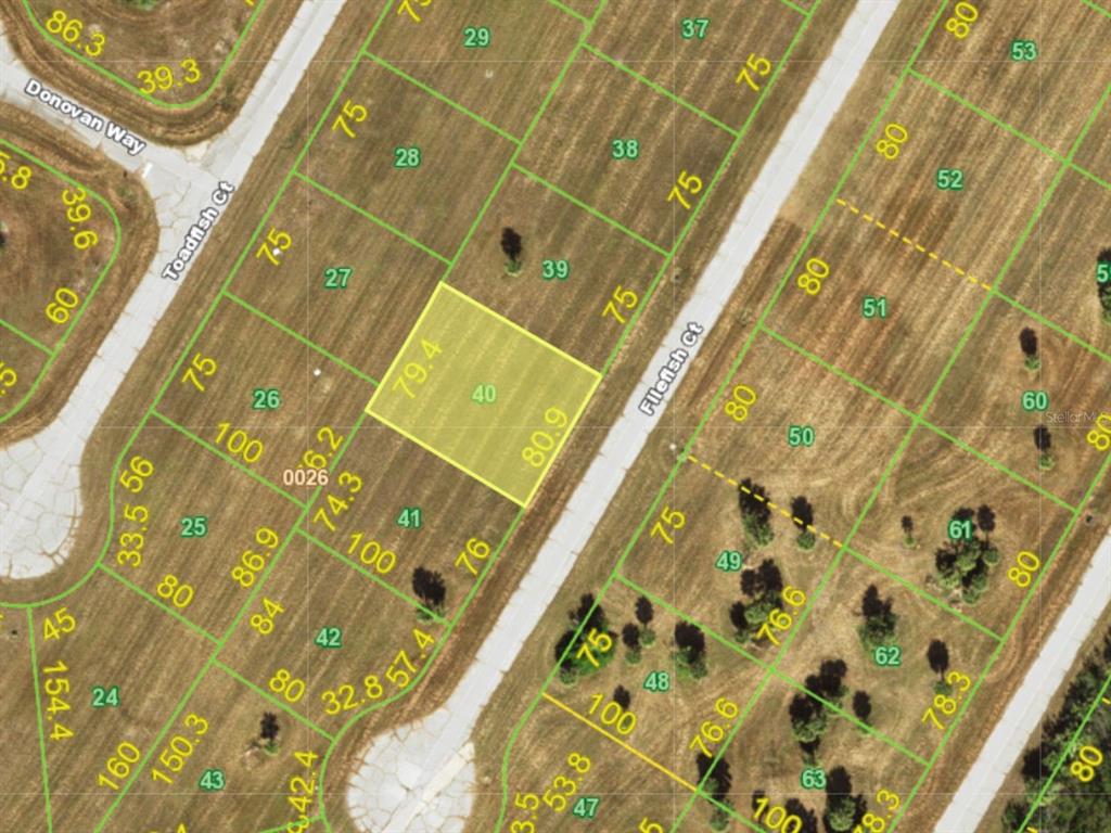 This is an aerial map showing a highlighted residential lot numbered 40 — 12799 FILEFISH COURT, PLACIDA, FL