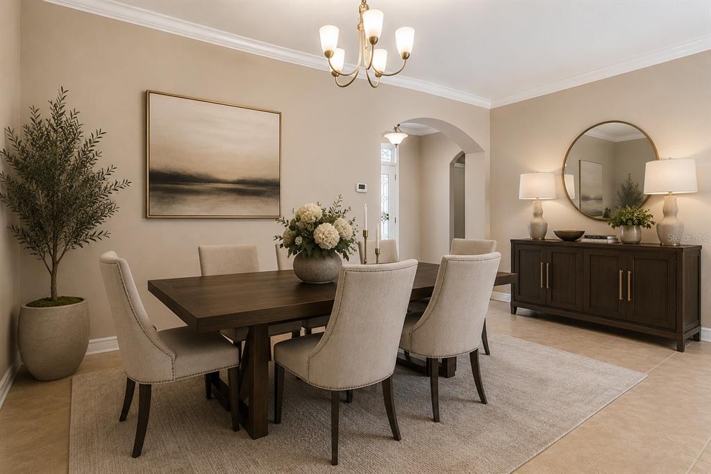 A dining room features a dark wood table, upholstered chairs, a sideboard, and neutral decor — 27143 ROANOKE DRIVE, LEESBURG, FL