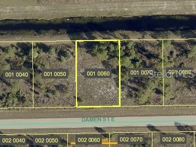 This is an aerial map view of a vacant rectangular lot along a paved road — 1121 DAMEN STREET E, LEHIGH ACRES, FL