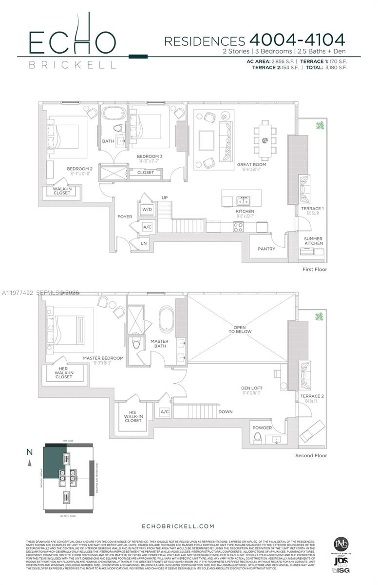 This is a two-story floor plan for a three-bedroom residence with two terraces — 1451 Brickell Ave # 4004, Miami FL 33131, MIAMI, FL