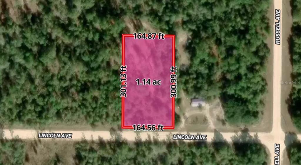 This is an aerial map showing a rectangular 1.14-acre plot of land with dimensions — LINCOLN AVENUE, ALFORD, FL