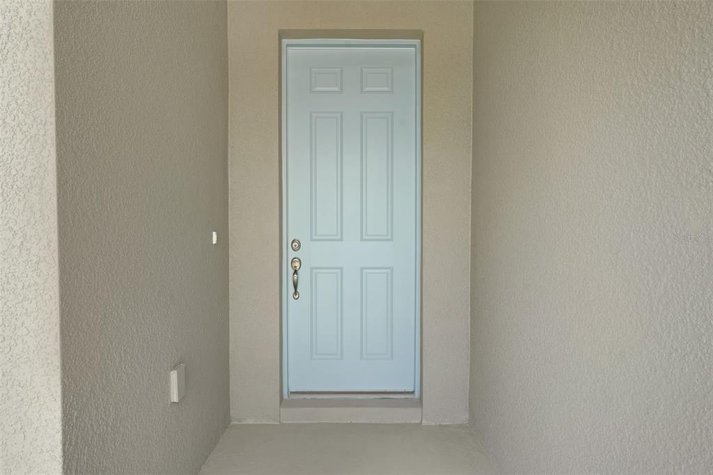 A light blue front door with a silver handle is set within a beige entryway — 35215 TUSCAN HILL ROAD, DADE CITY, FL