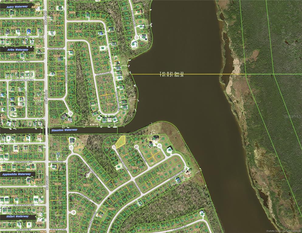 This is an aerial map showing a residential neighborhood with streets and a large waterway — 10116 LA GRANGE COURT, PORT CHARLOTTE, FL
