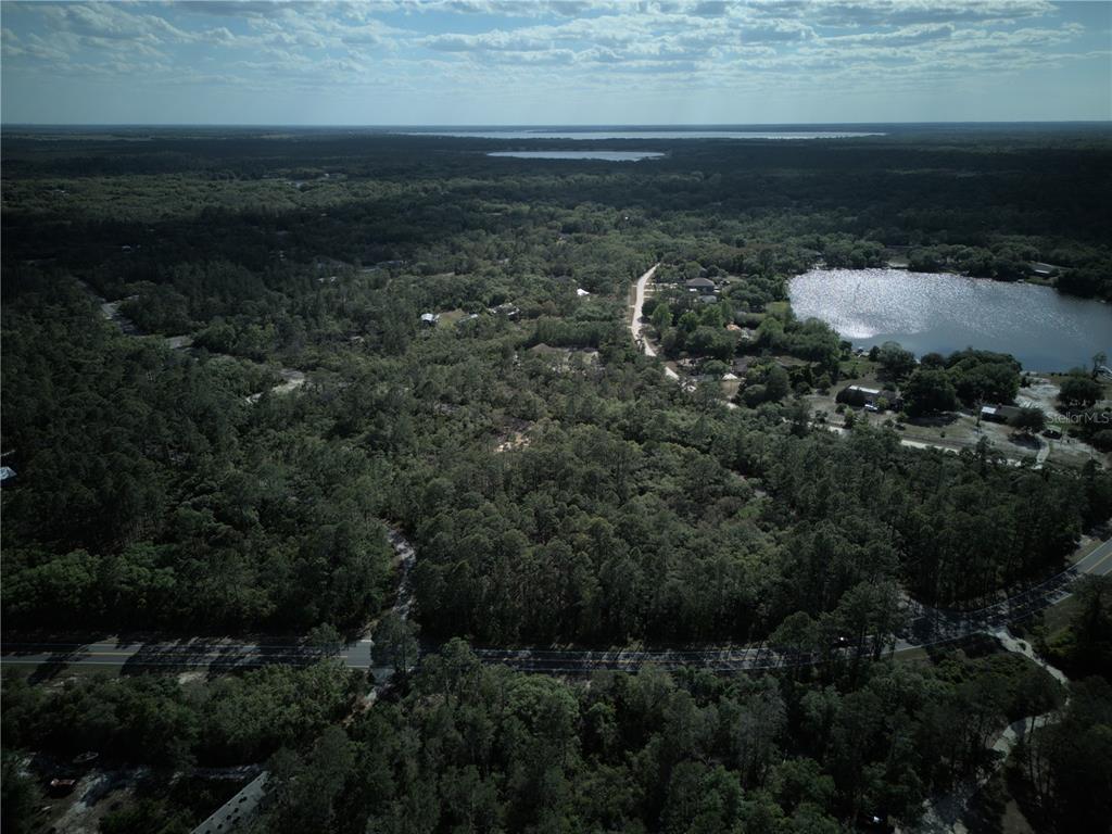 An aerial view shows a wooded lot bordered by a road and a nearby lake — 0 FISHER TRACE DR, OCKLAWAHA, FL