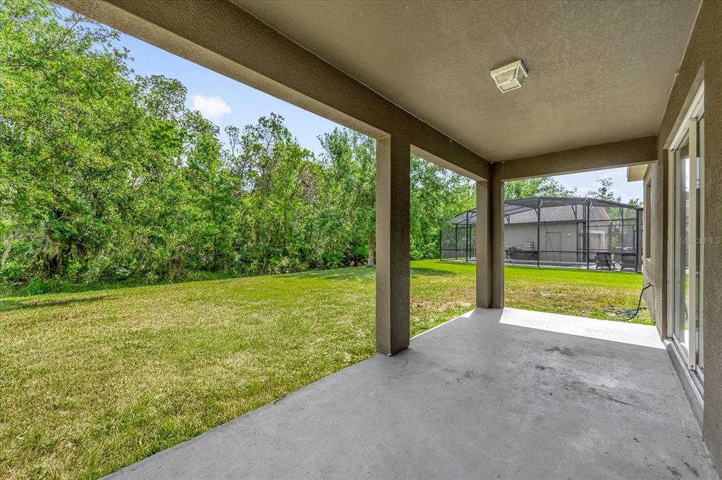 A covered concrete patio overlooks a grassy backyard with trees and a neighboring screened enclosure — 6137 WATERSIDE ISLAND LANE, WINTER GARDEN, FL