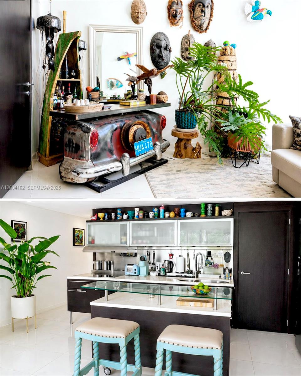 This two-part image shows a living area with a car-themed bar and a modern kitchen — 6000 Collins Ave # 515, Miami Beach FL 33140, MIAMI BEACH, FL