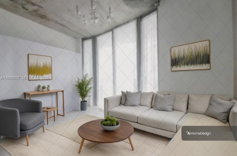 This is a virtual rendering of a modern living room with a sofa and armchair — 690 SW 1st Ct # 1227, Miami FL 33130, MIAMI, FL