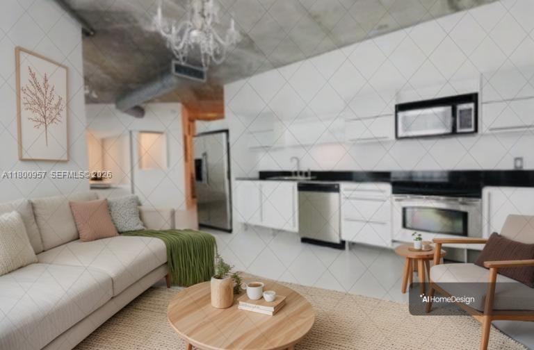 This open-concept living room and kitchen features a concrete ceiling and modern white cabinetry — 690 SW 1st Ct # 1227, Miami FL 33130, MIAMI, FL