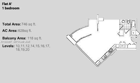 This is a floor plan for a one-bedroom apartment with a balcony and an angled layout — 690 SW 1st Ct # 1227, Miami FL 33130, MIAMI, FL