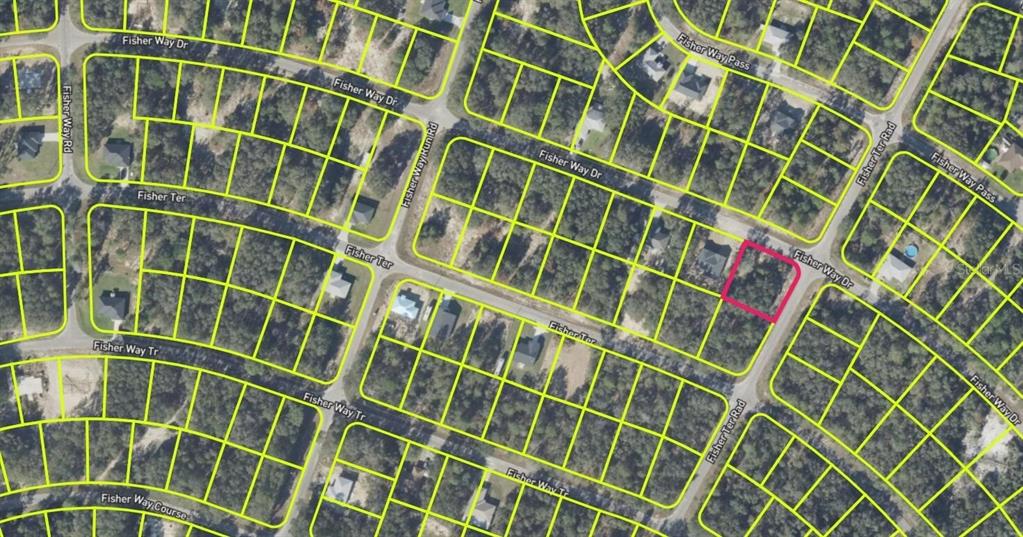 This is an aerial map showing a highlighted residential lot within a suburban neighborhood — FISHER WAY DRIVE, OCKLAWAHA, FL