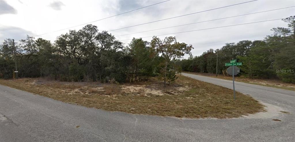 A vacant, wooded corner lot sits at the intersection of two paved roads — FISHER WAY DRIVE, OCKLAWAHA, FL