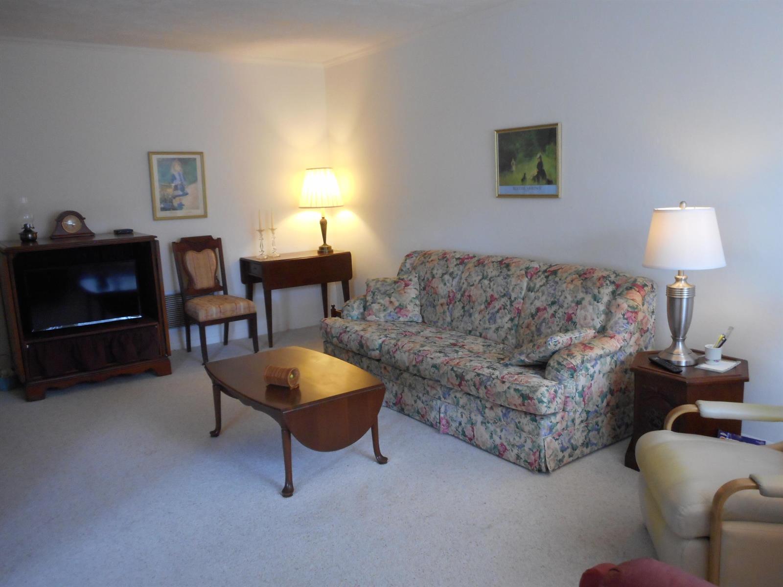 A living room features a floral sofa, a wooden coffee table, and a television console — 3322 Cynthia Lane # 106, FL 33461, FL