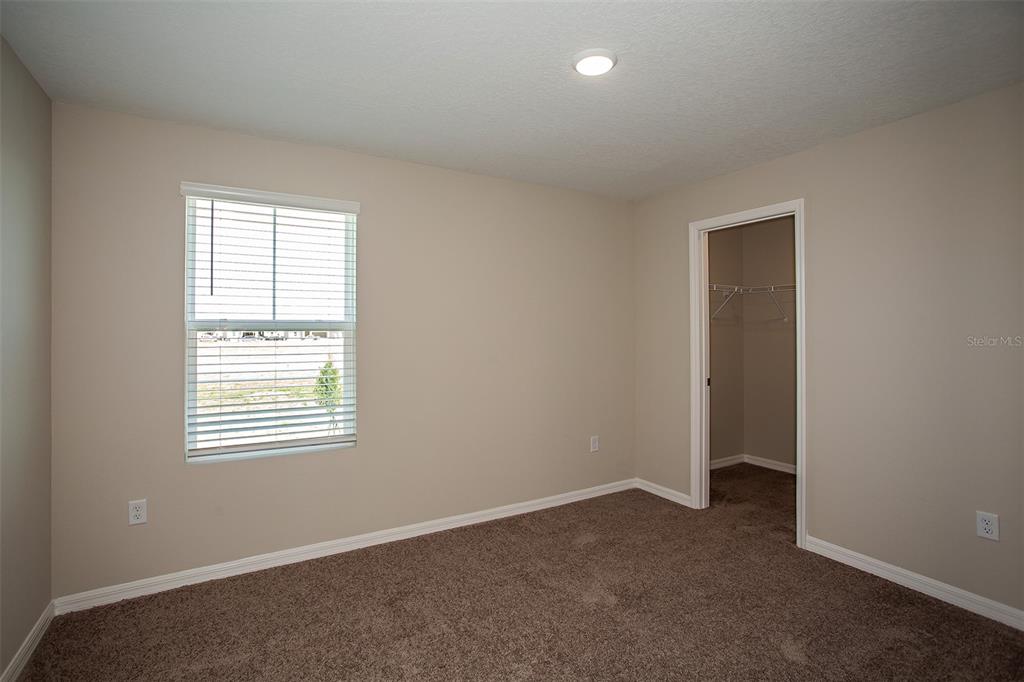 A bedroom with beige walls, brown carpet, a window with blinds, and a walk-in closet — 36621 SAGEMOOR DRIVE, ZEPHYRHILLS, FL