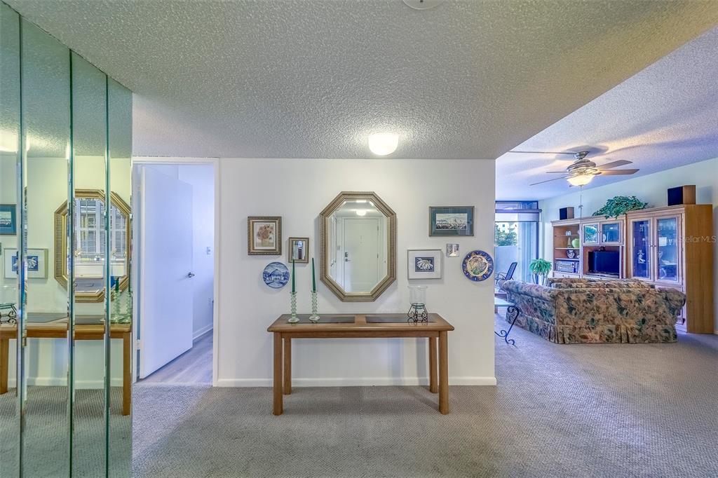 A carpeted entryway features a console table, a wall mirror, and a view into the living room — 400 ISLAND WAY UNIT 104, CLEARWATER BEACH, FL