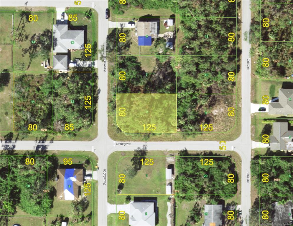 This is an aerial map showing residential lots and street layouts in a neighborhood — 2388 FOURWIND STREET, PORT CHARLOTTE, FL