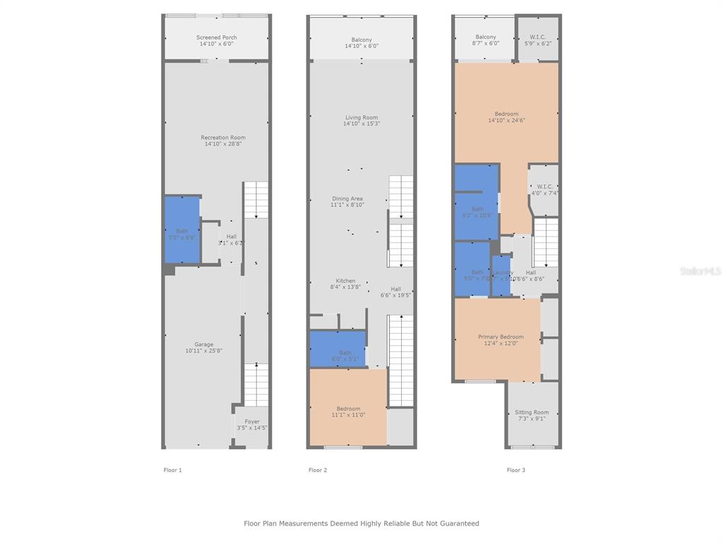 This floor plan shows three levels of a townhouse with bedrooms, bathrooms, and balconies — 14879 SEMINOLE TRAIL, SEMINOLE, FL