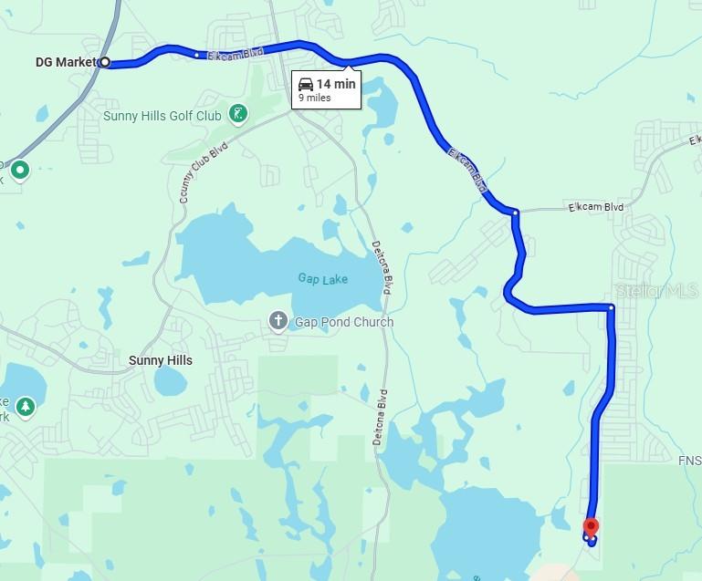 This is a map showing a nine-mile driving route from a DG Market to a destination — Lot 3 Unit 11 Blk 752 KAPOK AVENUE, CHIPLEY, FL