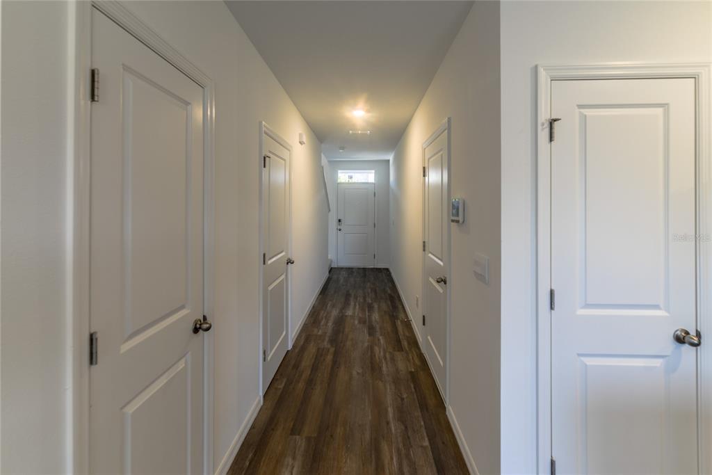 A hallway with wood-look flooring leads to a white front door under a ceiling light — 17208 ENGLISH CHESTNUT WAY, LAND O LAKES, FL