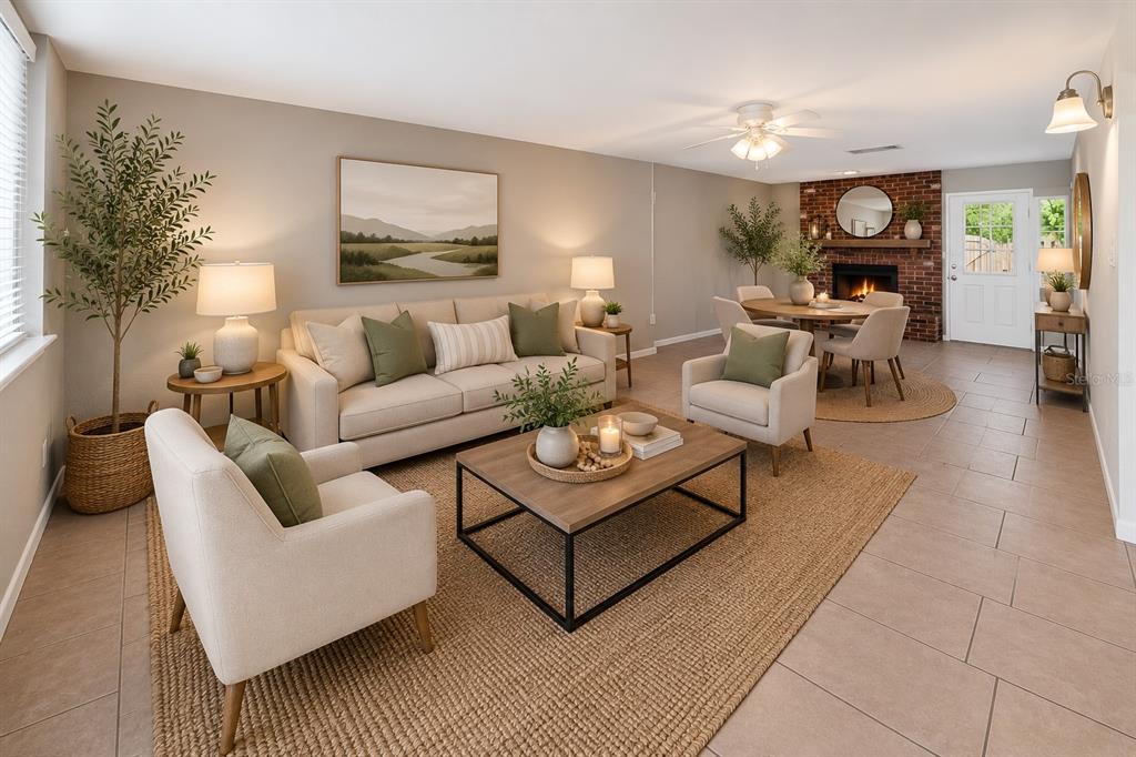 A living room and dining area with a brick fireplace, neutral furniture, and tile flooring — 708 N SAINT CLAIR ABRAMS AVENUE, TAVARES, FL