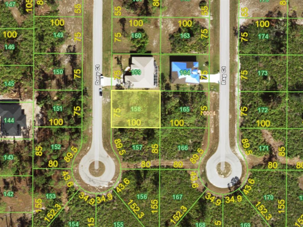 This is a map showing a vacant lot highlighted in yellow among other residential plots — 7 DORY COURT, PLACIDA, FL