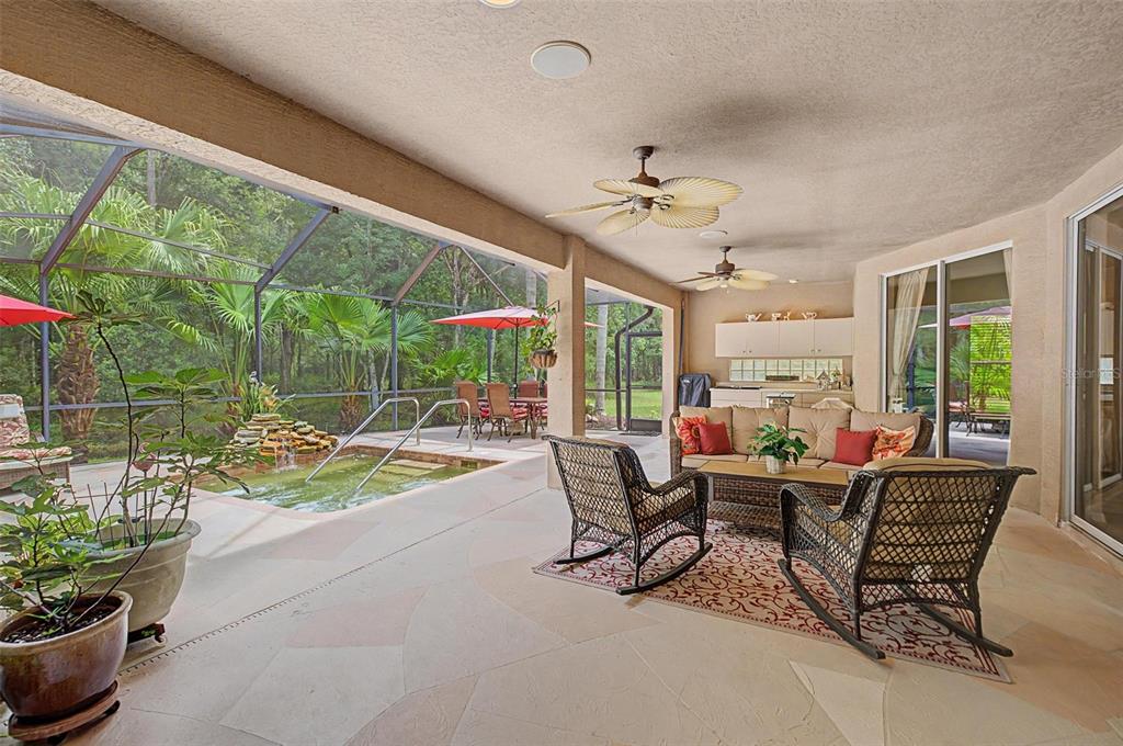 A covered patio features a small pool, outdoor seating, and a view of wooded surroundings — 12146 WALSTONE COURT, TRINITY, FL