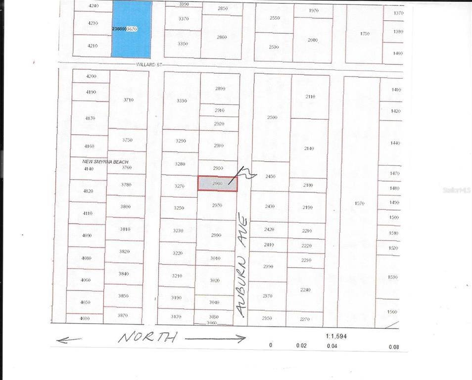 This image is a plat map showing property lot lines and street names — AUBURN AVENUE, NEW SMYRNA BEACH, FL