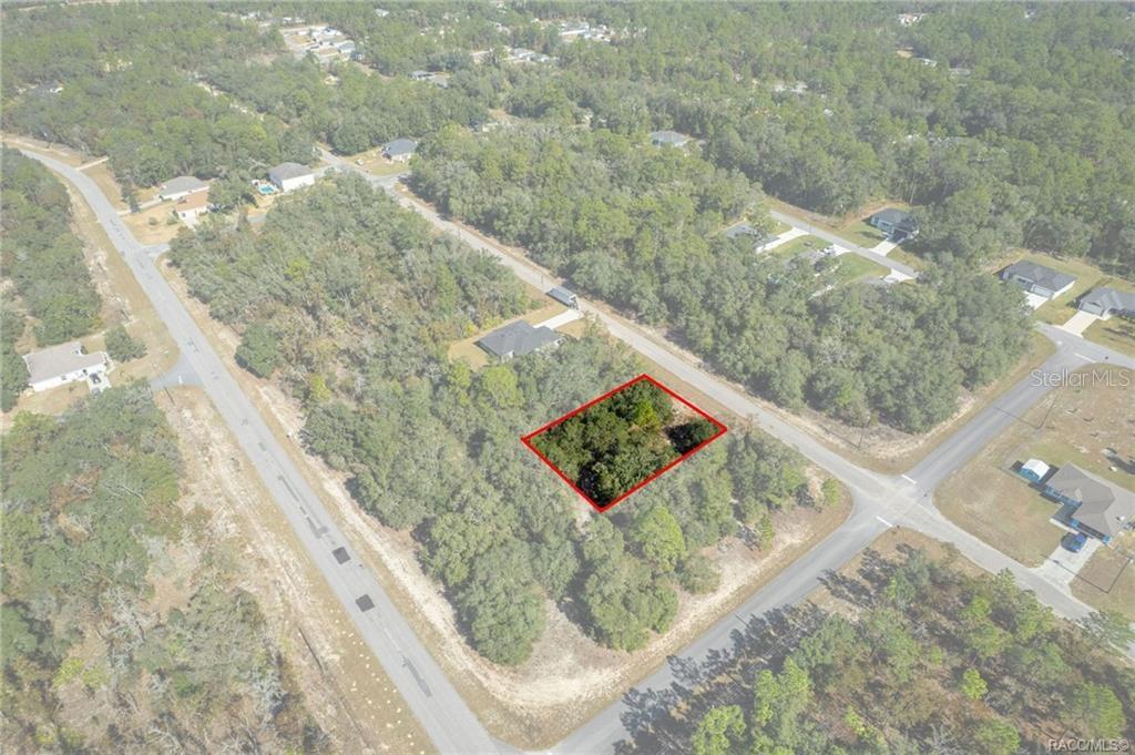 An aerial view shows a rectangular, wooded vacant lot outlined in red between two roads — 6320 N MATHESON DRIVE, CITRUS SPRINGS, FL