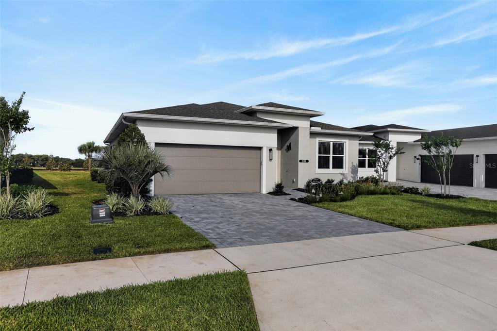 A single-story house with a gray garage, stucco exterior, and a paved driveway — 1599 BELLAGIO LOOP, TAVARES, FL