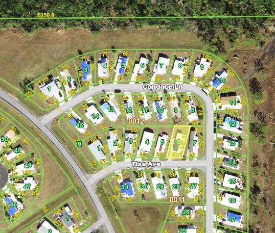 This is an aerial map showing a residential neighborhood with houses on individual lots — 7360 TISA AVENUE, PORT CHARLOTTE, FL