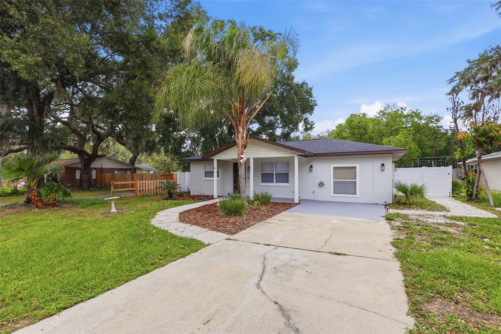 A single-story house with a concrete driveway, a palm tree, and a grassy front yard — 2602 WESTSIDE DRIVE, LEESBURG, FL